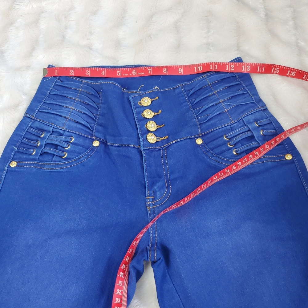 TUSH PUSH~BLUE 4 BUTTON HIGH-RISE JEGGINGS WITH TEXTURED ACCENTS! - Picture 9 of 16